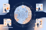 Illustration of researchers at desks studying a large network diagram in the center.