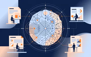 Illustration of researchers at desks studying a large network diagram in the center.