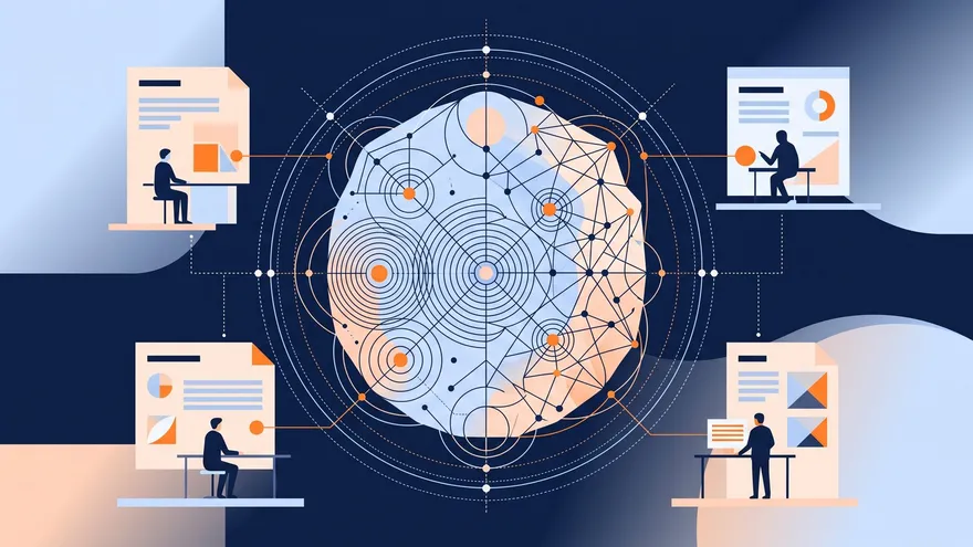 Illustration of researchers at desks studying a large network diagram in the center.
