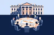 Illustration of officials at a round table in front of the White House, with AI network diagrams above the table.