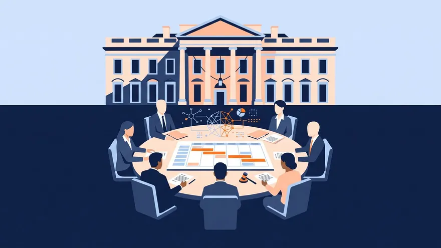 Illustration of officials at a round table in front of the White House, with AI network diagrams above the table.