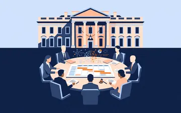 Illustration of officials at a round table in front of the White House, with AI network diagrams above the table.